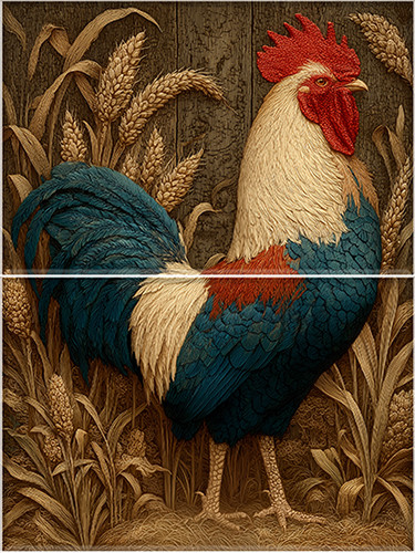 Tile mural with rooster and wheat in rustic style
